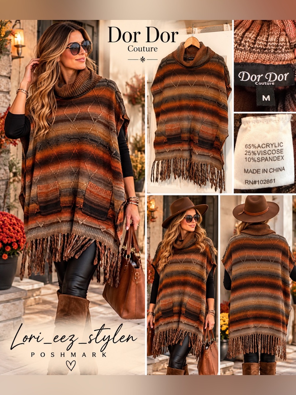 Women’s Brown Striped Fringe Poncho Sweater
